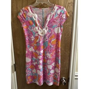 Lilly Pulitzer Women Floral Coral T-shirt V-neck Shift Dress Pink Blue Orange XS